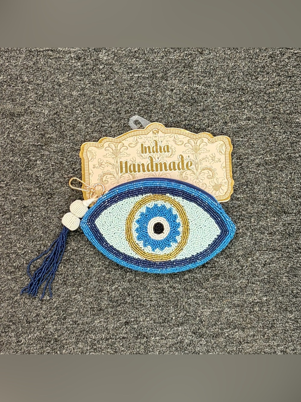 Made in India Blue Beaded Evil Eye Pouch- Small